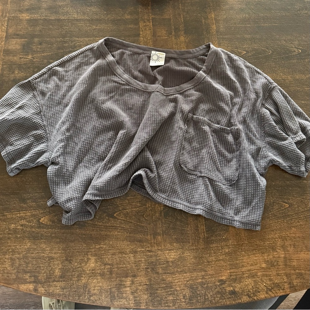 aerie Waffle-Knit Cropped Tee in Gray